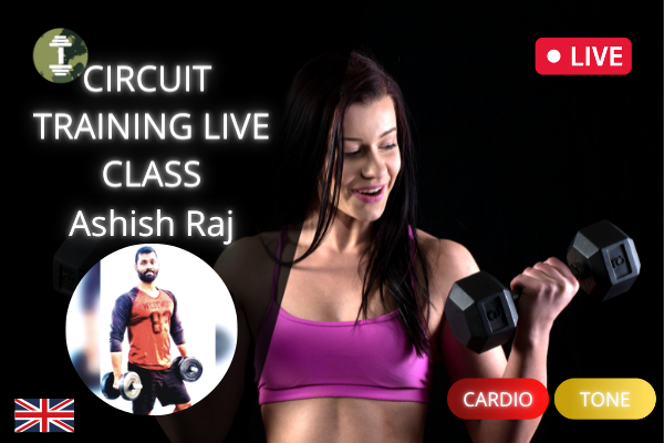 Circuit Training Online Live Class course Cover, shows woman working out with dumbbell to a itness video